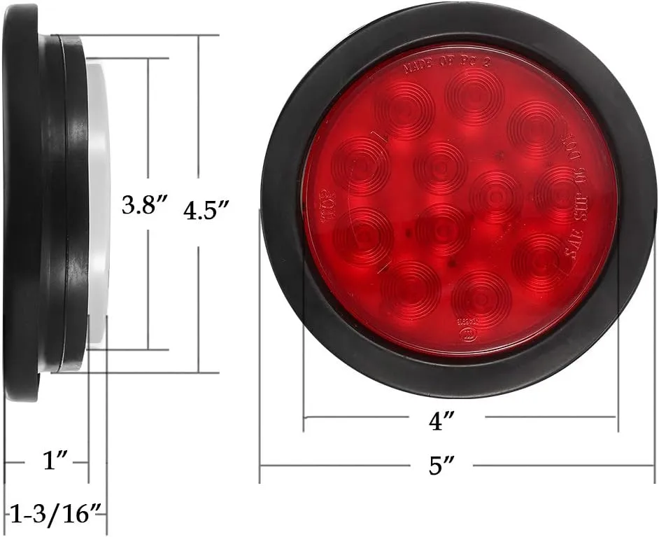 Partsam 4Pcs 4 Inch Round Led Trailer Tail Lights Kit Red 12 LED Waterproof 4" Brake Stop Turn Tail Marker Trailer Lights Sealed Flush Mount for Truck RV Boat UTE UTV 12V Grommet Plug Included