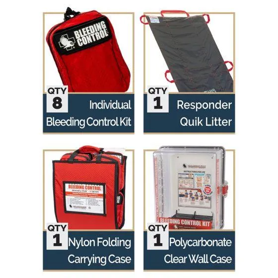 Public Access Bleeding Control Station - 8-PACK Nylon Pouch - Clear Polycarbonate Cabinet