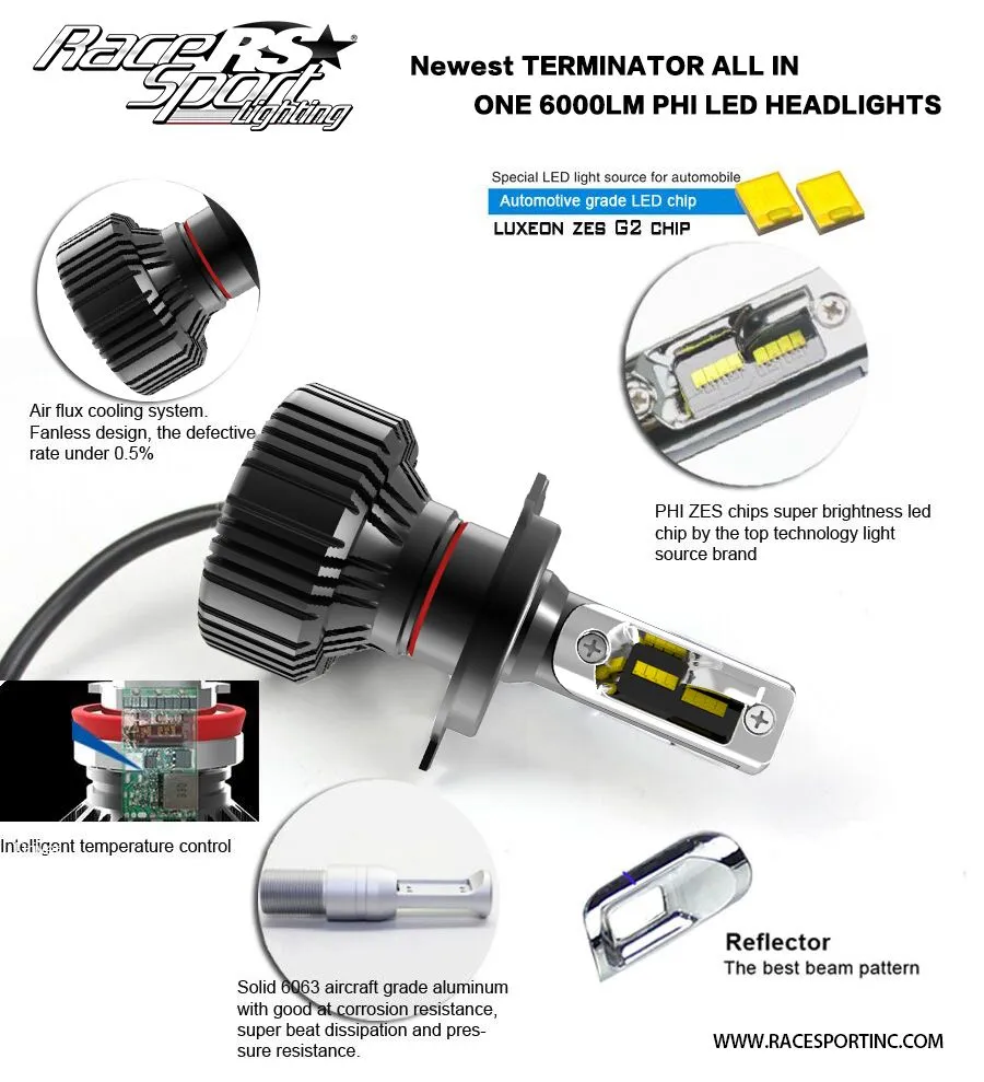 Race Sport RS Lighting (H7 Fan-less LED Conversion Headlight Bulbs) Terminator Series H7TLED
