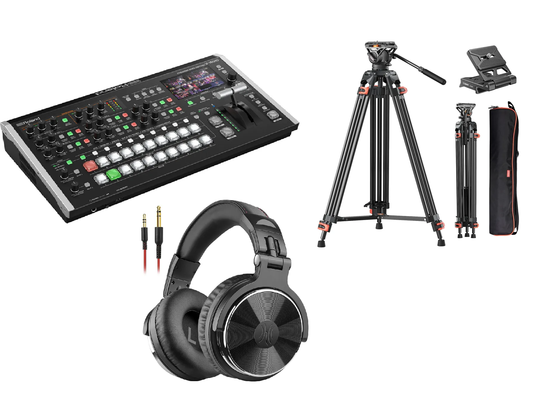 Roland V-160HD Video Switcher Package with Heavy Duty 72-inch Tripod & Wired Over-Ear DJ Studio Monitor Headphone