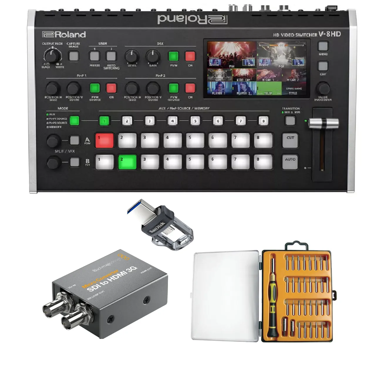 Roland V-8HD HDMI Video Switcher Bundle with Blackmagic SDI to HDMI Converter, 128GB SanDisk Flash Drive & 33-Piece Precision Tool Set