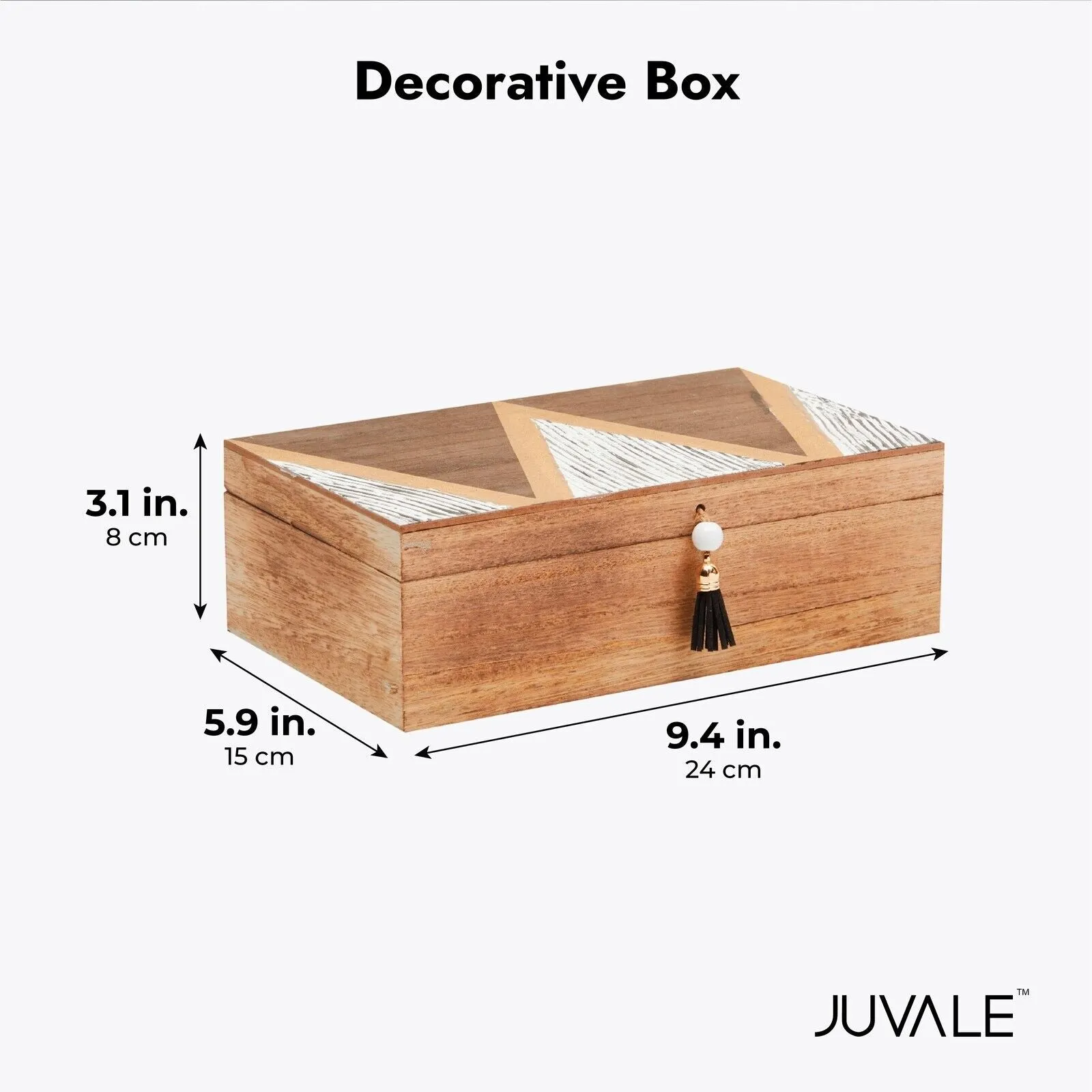 Small Wooden Decorative Box with Lid and Tassel for Jewelry Storage, 9.4 x 3"