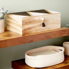 Small Wooden Decorative Box with Lid and Tassel for Jewelry Storage, 9.4 x 3"
