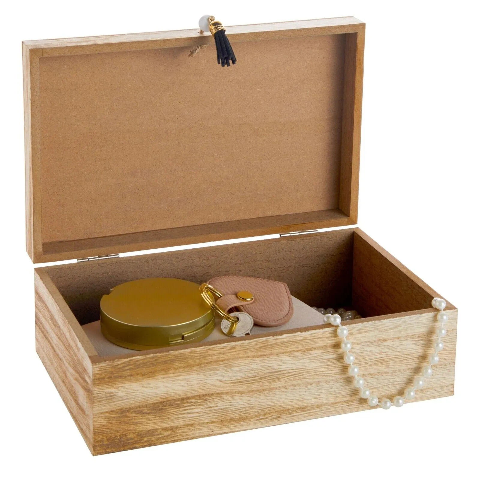 Small Wooden Decorative Box with Lid and Tassel for Jewelry Storage, 9.4 x 3"