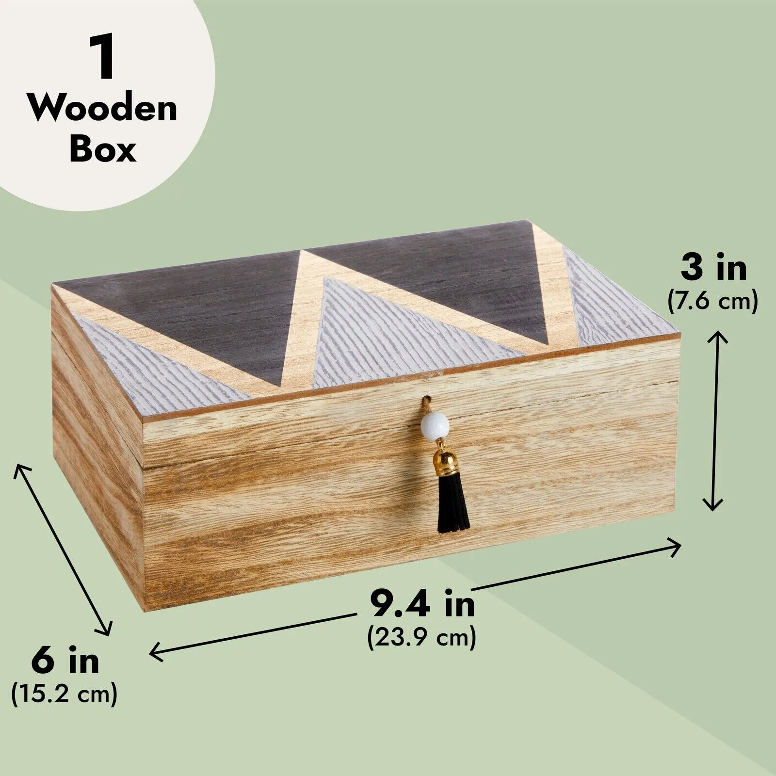Small Wooden Decorative Box with Lid and Tassel for Jewelry Storage, 9.4 x 3"