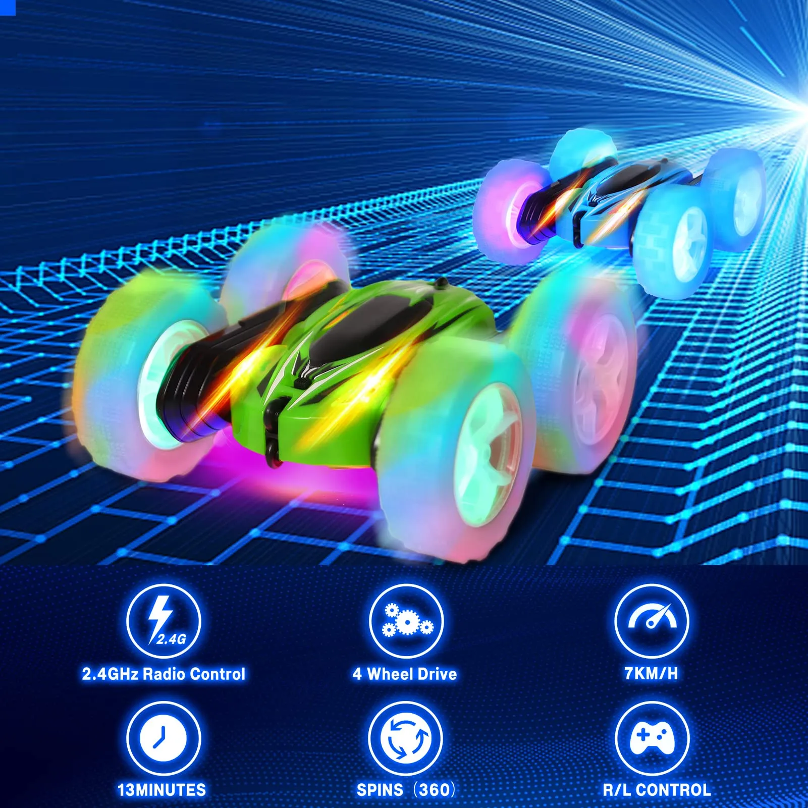 THINKMAX 2PACK RC Stunt Car Remote Control Car with Wheel Lights Blue Green