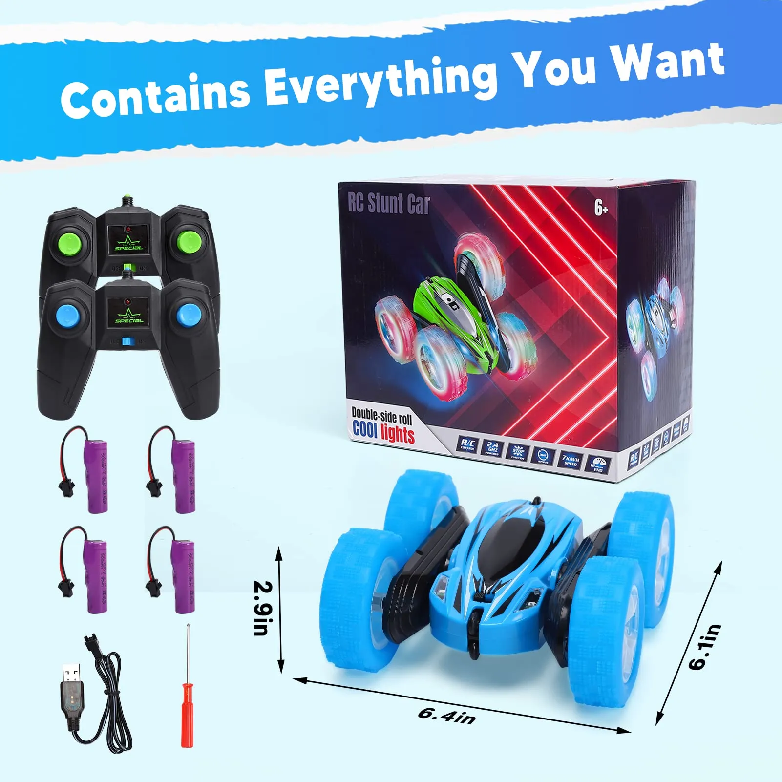 THINKMAX 2PACK RC Stunt Car Remote Control Car with Wheel Lights Blue Green