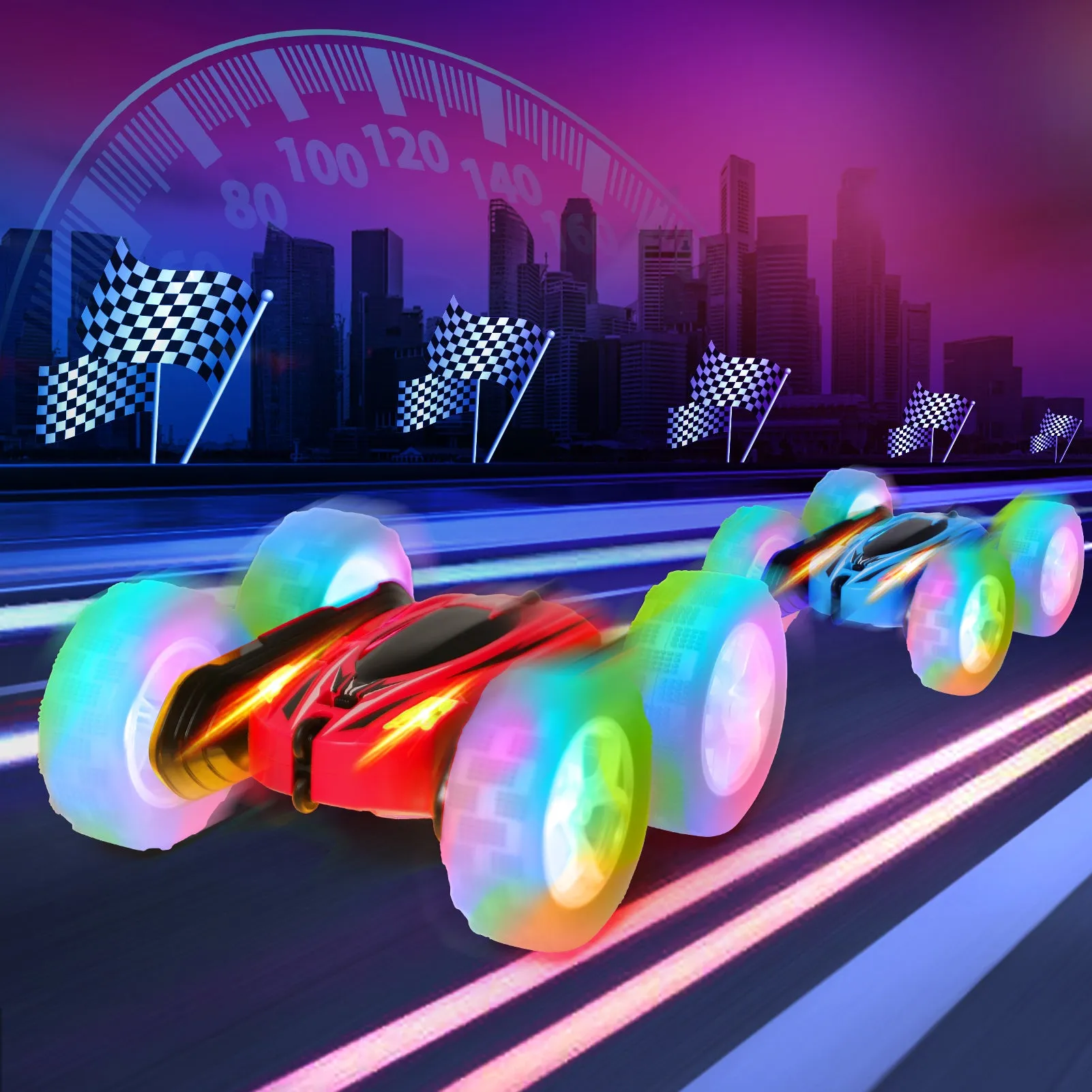 THINKMAX 2PACK RC Stunt Car Remote Control Car with Wheel Lights Blue Red