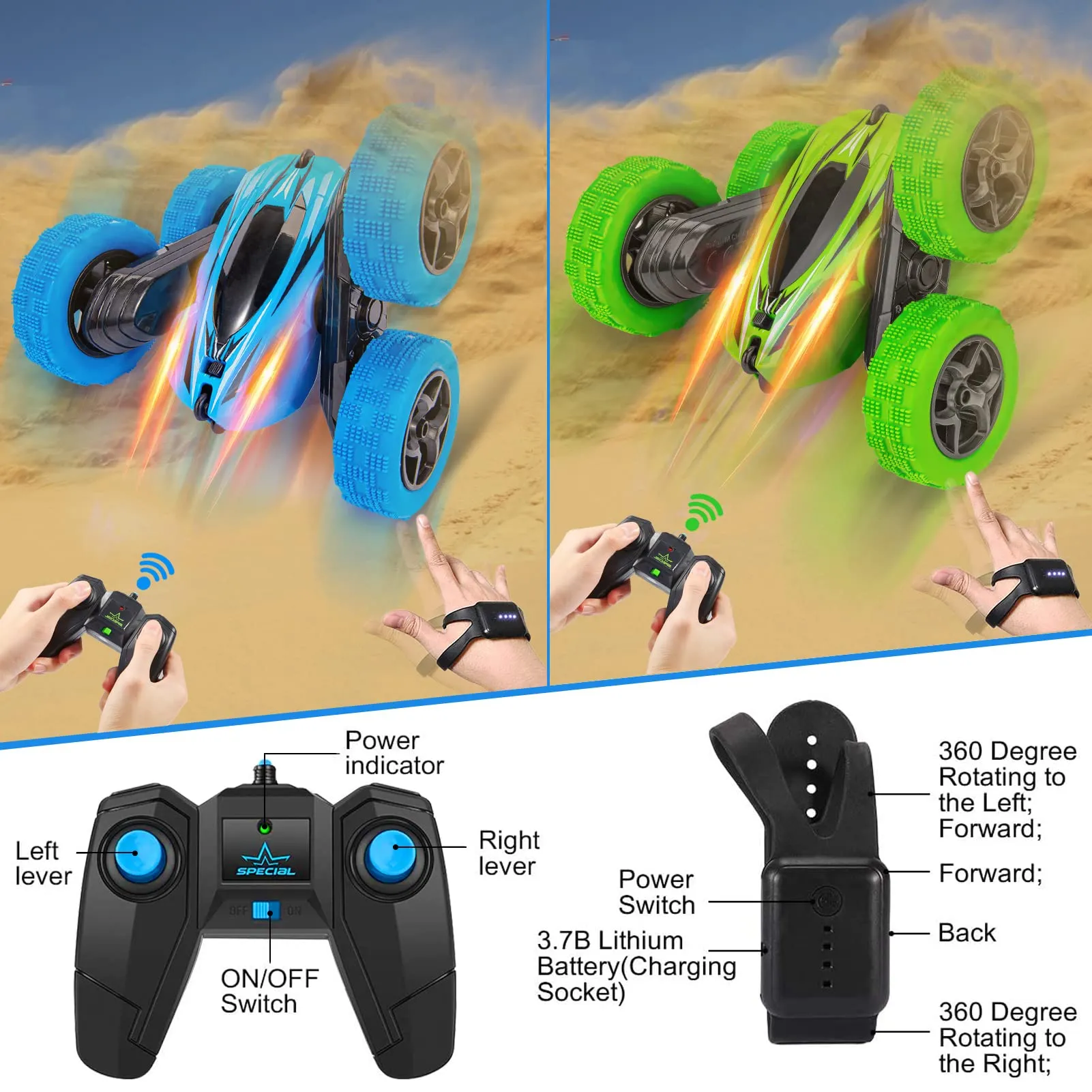 THINKMAX 2Pack RC Stunt Car Watch Gesture Sensor Car Blue Green