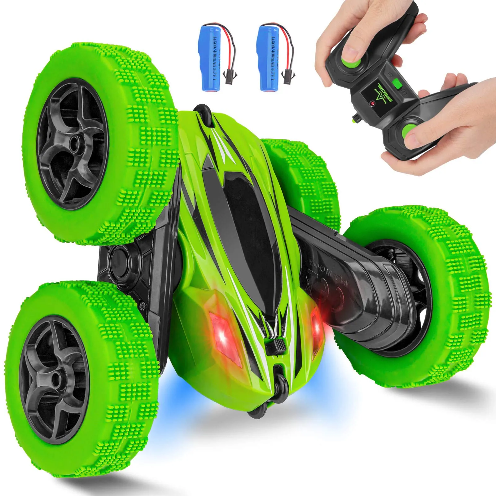 THINKMAX Remote Control Car 1165A RC Stunt Car Toy Double Sided 360 Rotating Vehicle Green
