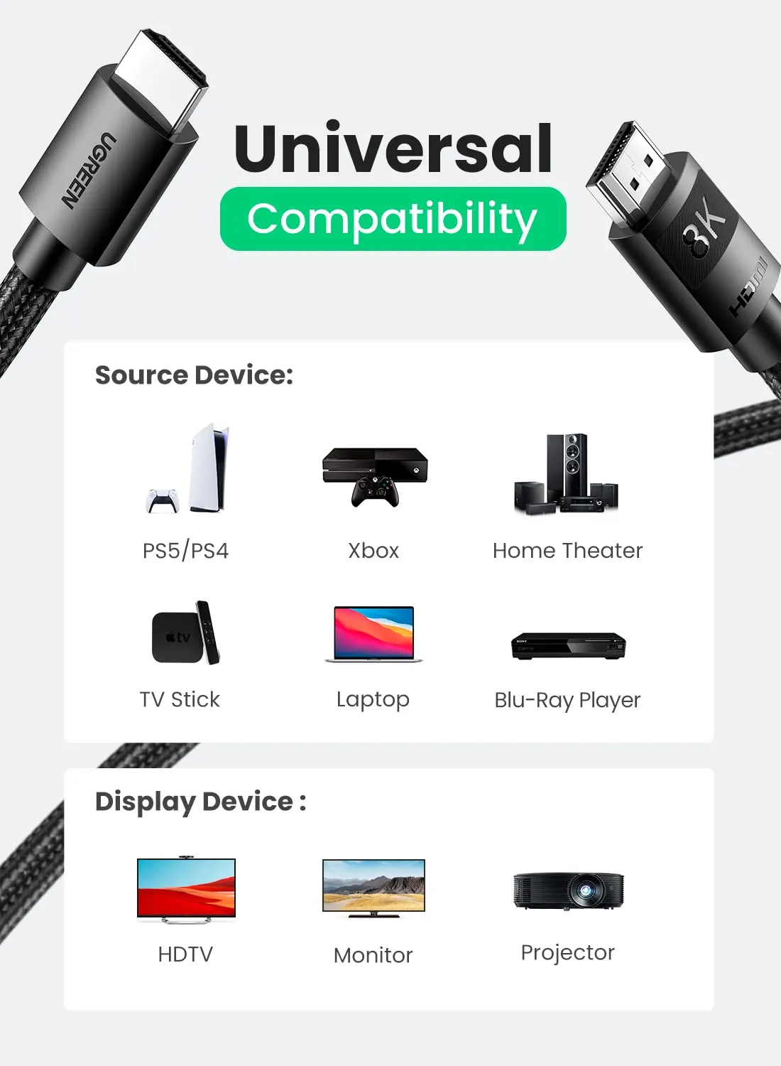 UGREEN 8K HDMI 2.1 Cable Ultra HD 8K@60Hz 4K@120Hz High Speed 48Gbps