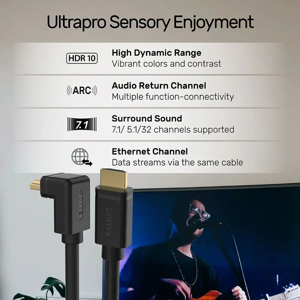 Unitek 2m 4K HDMI 2.0 Right Angle Cable with 270 Degree Elbow, HDR10, HDCP2.2, 3D & 7.1 Surround Sound, Gold-Plated Connectors