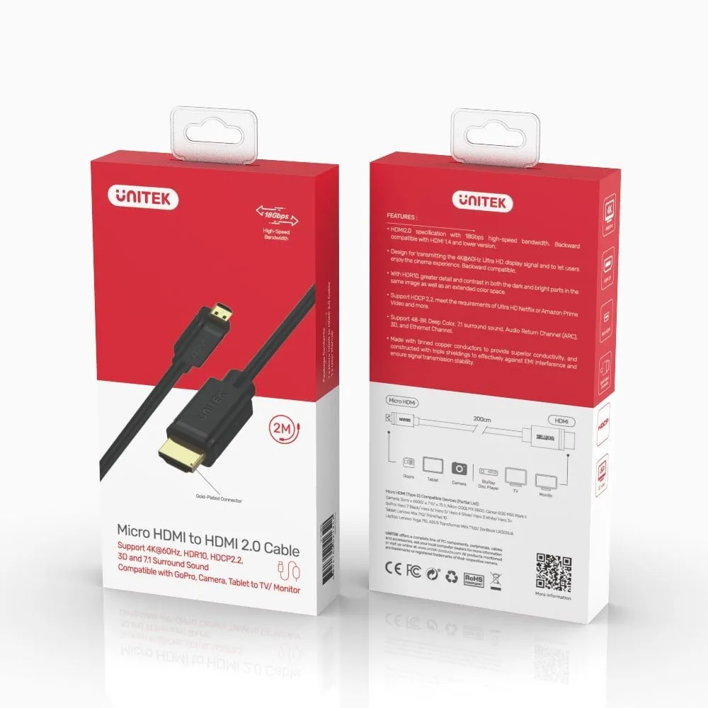 Unitek 2m Micro HDMI Male to HDMI Male Cable