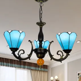 Vintage Sky Blue Stained Glass Chandelier - Conic Shape, 3 Lights, Decorative Hanging Light for Living Room