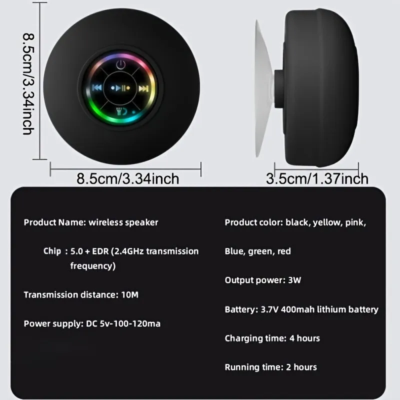 Waterproof Speaker, Portable Wireless Speaker With Suction Cup, USB Rechargeable Black Speaker With 2 Hours Play Time 3.7V/400mah Battery 5.0 Wireless Version Life