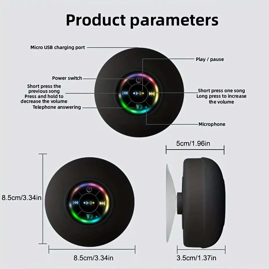 Waterproof Speaker, Portable Wireless Speaker With Suction Cup, USB Rechargeable Black Speaker With 2 Hours Play Time 3.7V/400mah Battery 5.0 Wireless Version Life